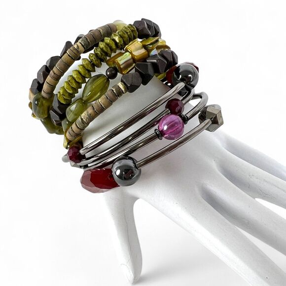 Bracelet Lot 6 Wire Coil Wrap Beaded Iridescent Colorful Charms Rhinestones - Picture 5 of 13